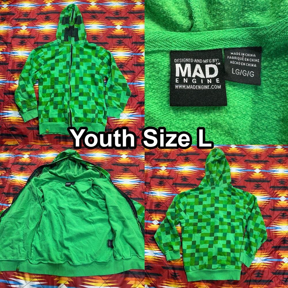 Mad Engine Minecraft Boys Creeper Zip-Up Hoodie with Mask Green YOUTH Sz Large